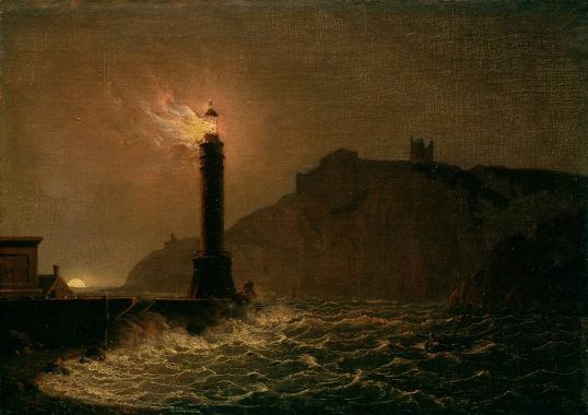 A lighthouse on fire at night - Joseph Wright of Derby