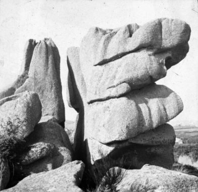 Black and white glass lantern slide of rocks at Ploumanach [1936] by Eileen Agar 1899-1991